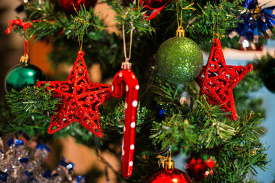 Close-up of christmas decoration hanging on tree