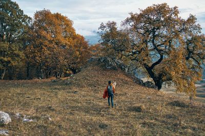 Rear view of man walking on street amidst trees during autumn