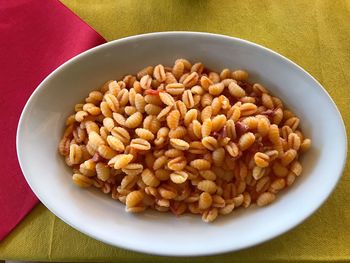 High angle view of cavatelli pasta in bowl on table