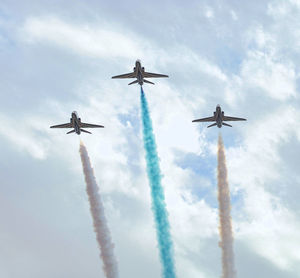 Low angle view of airshow in mid-air against sky