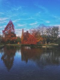 Scenic view of lake against sky during autumn