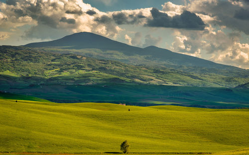 Scenic view of field and mountains against sky