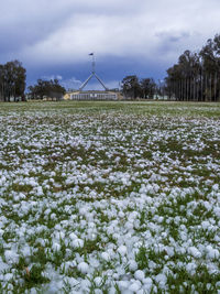 Scenic view of snow covered field against sky