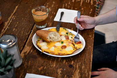 High angle view of breakfast served on table