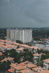 High angle view of buildings in city against sky