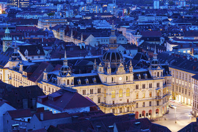 High angle view of illuminated cityscape