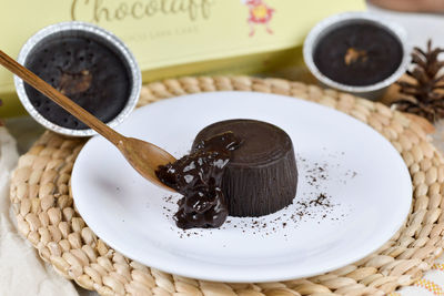 High angle view of dessert in plate on table