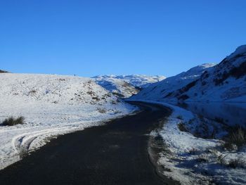 Scenic view of snowcapped mountains against clear blue sky