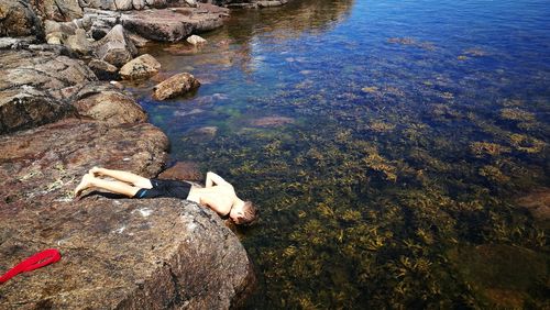 High angle view of boy looking into sea