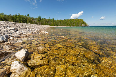 Scenic view of rocks in sea against sky