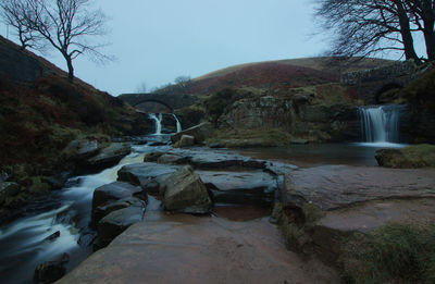 Stream flowing through rocks against sky