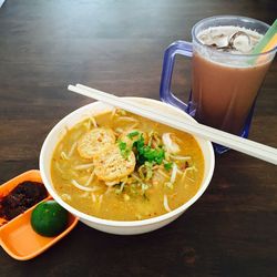 Close-up of soup in bowl on table