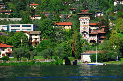 Calm lake with built structures in distance