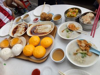 High angle view of food served on table