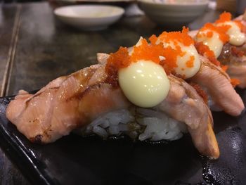 Close-up of sushi served in plate