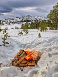 Bonfire on snow covered field against cloudy sky