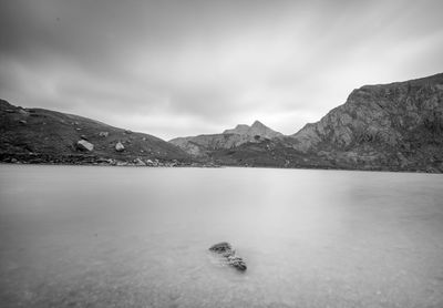 Scenic view of lake by mountains against sky