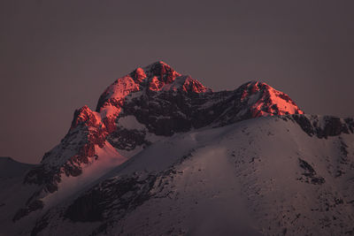 Scenic view of snowcapped mountain against sky during sunset