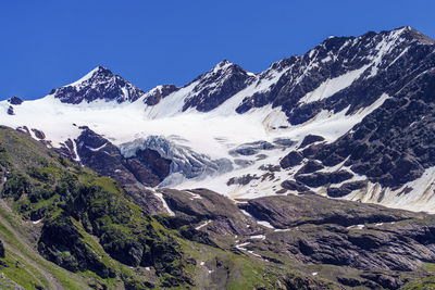 Scenic view of snowcapped mountains against clear sky