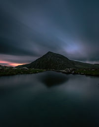 Scenic view of lake by mountains against sky at dusk