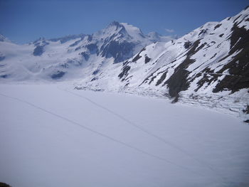 Scenic view of snow covered mountains against sky