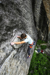 High angle view of person on rock