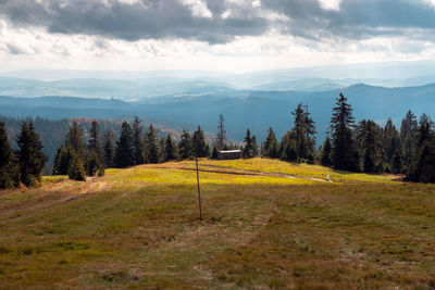 Lovely view of the mountain valleys. view towards slovakia from the rysianka mountain chalet. 