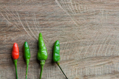 High angle view of chili peppers on table