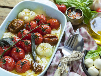 High angle view of fruits in bowl on table