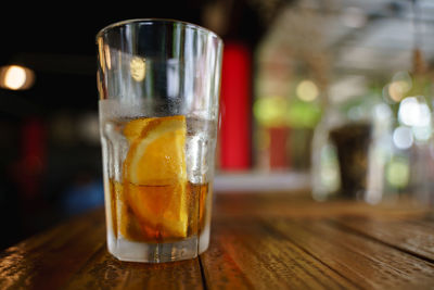 Close-up of beer in glass on table