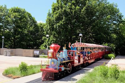 Train on railroad track against sky