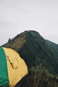 High angle view of tent on mountain against sky