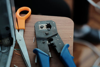 High angle view of tools on table