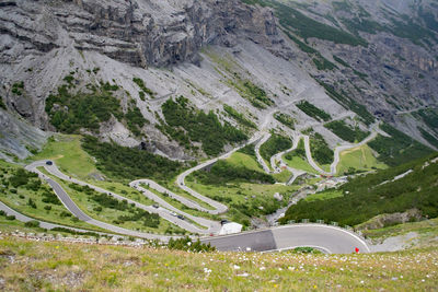 Scenic view over the switchbacks of the passo dello stelvio in bormio, italy.