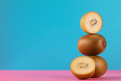 High angle view of easter eggs on blue background