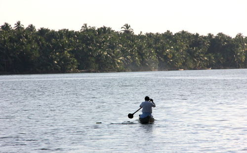 Rear view of man rowing boat in river against forest