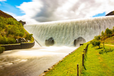 Scenic view of waterfall against sky