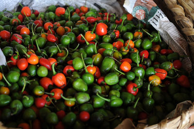 High angle view of bell peppers for sale at market