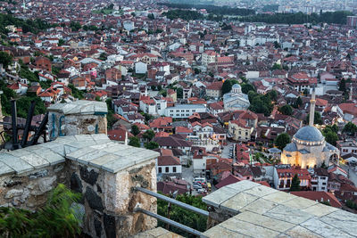 High angle view of buildings in town