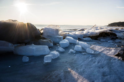 Close-up of snow on beach against sky