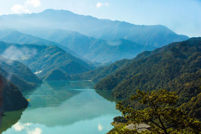 Scenic view of lake by mountains against sky