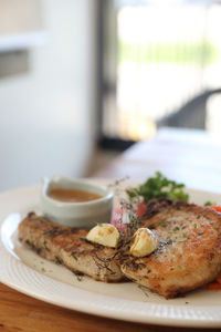 Close-up of meal served on table