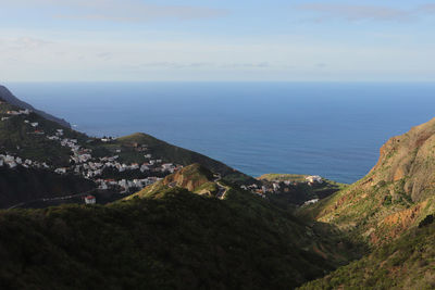 Scenic view of sea and mountains against sky