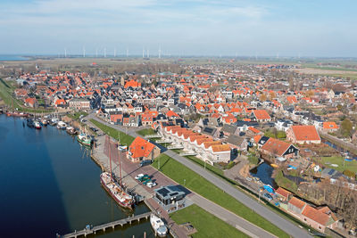 Aerial from the historical town makkum in friesland the netherlands