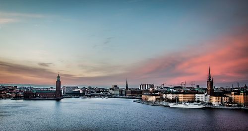 View of city at waterfront during sunset