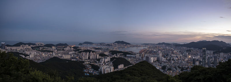 High angle view of townscape against sky at dusk
