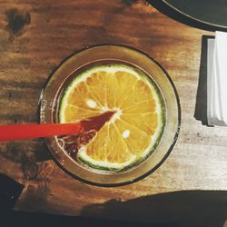 High angle view of drink on table