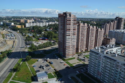 High angle view of street amidst buildings in city