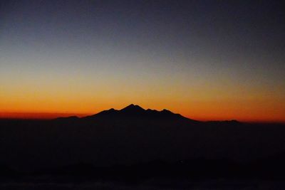 Scenic view of silhouette mountains against romantic sky at sunset