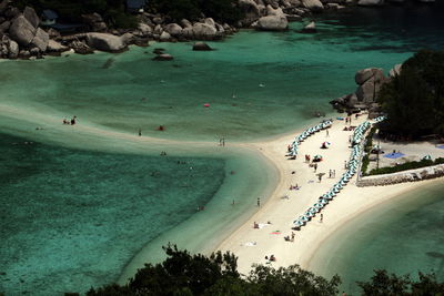 Aerial view of tourists at beach during sunny day